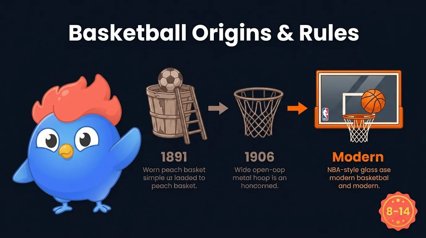 Timeline showing the evolution of basketball equipment from 1891 peach baskets and soccer balls to 1906 open nets, 1954 shot clock, and the modern NBA court with the 1979 three-point line