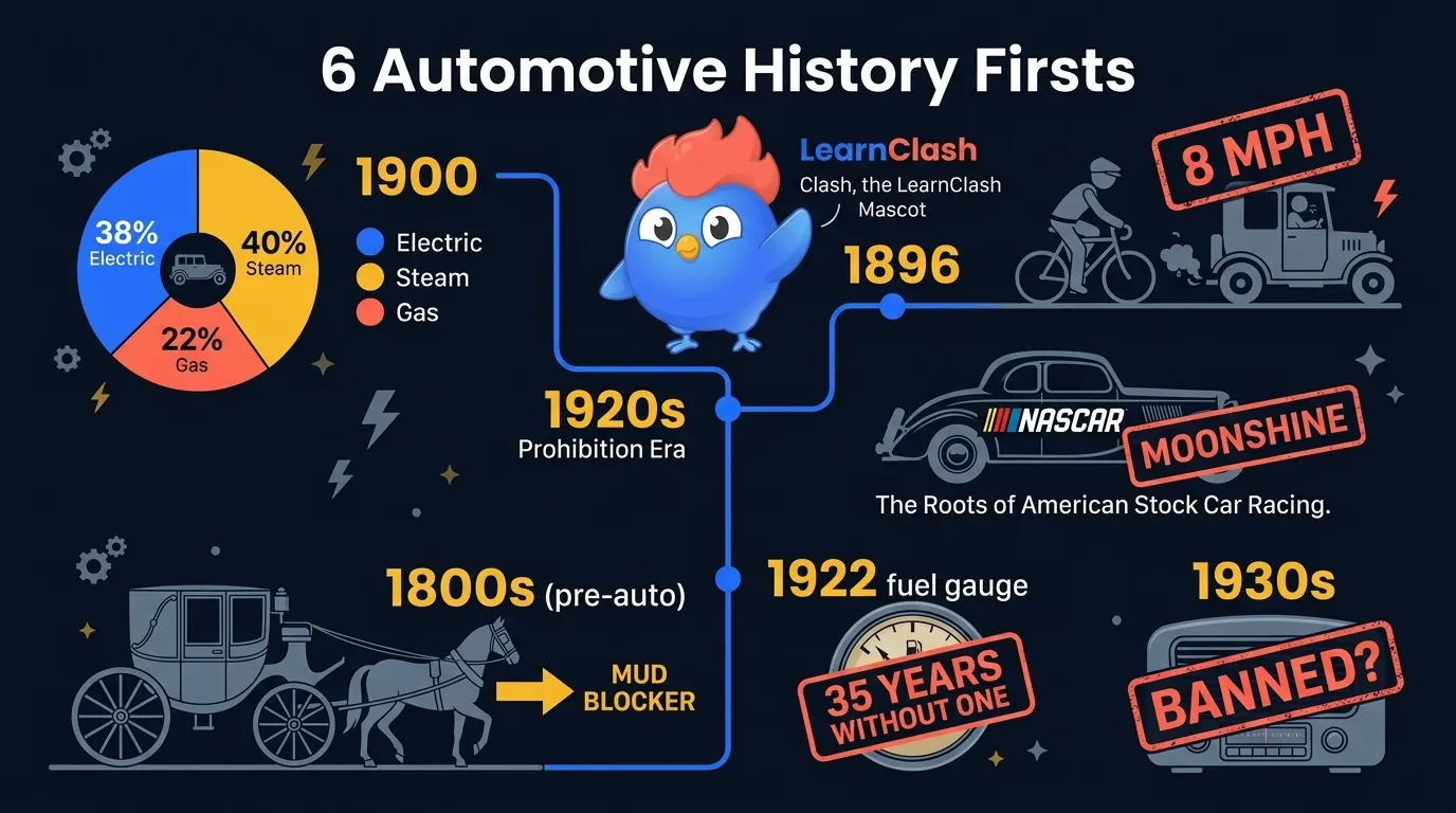 6 car history firsts: electric cars outsold gas in 1900, first speeding ticket was 8 mph, NASCAR started with bootleggers, no fuel gauges until 1922, dashboards blocked horse mud, car radios almost banned
