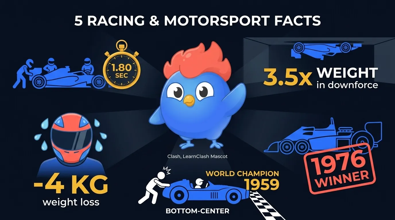 5 racing and motorsport facts: F1 pit stop in 1.80 seconds, F1 cars could drive upside down, drivers lose 4kg per race, Tyrrell six-wheeled F1 car won, Brabham pushed his car to win championship