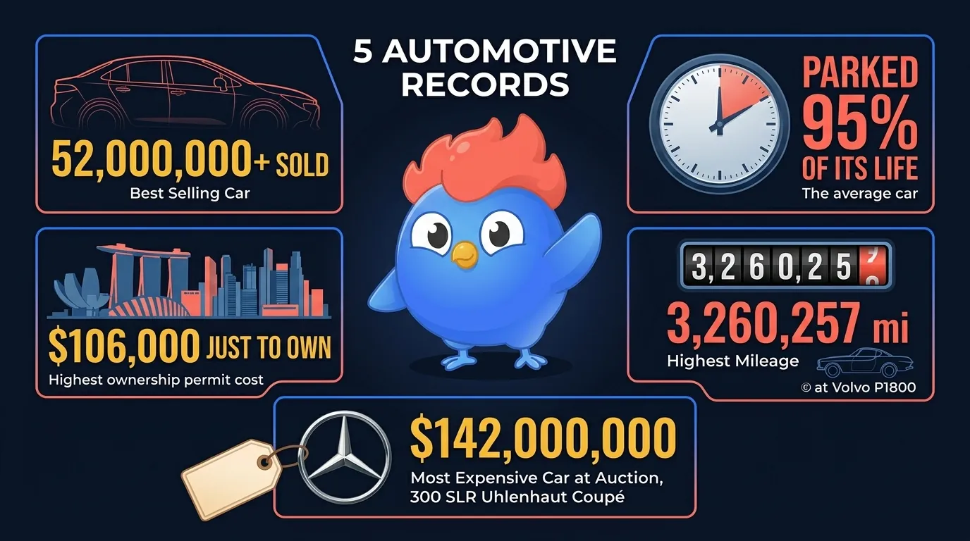 5 automotive record facts: Toyota Corolla 52M sold, cars parked 95% of life, Singapore $106K to own a car, Volvo P1800 drove 3.26M miles, most expensive car sold for $142M