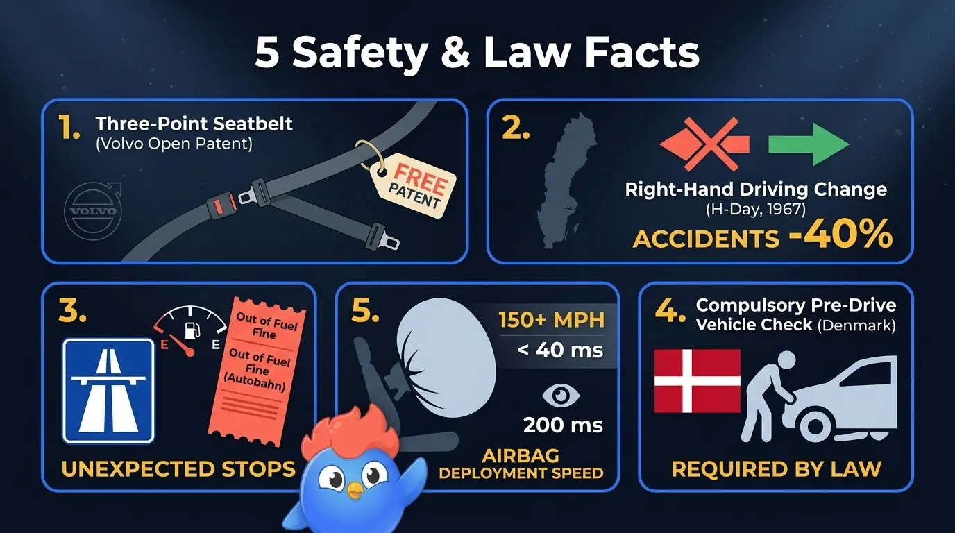 5 car safety and law facts: Volvo gave away seatbelt patent, Sweden switched driving sides and accidents dropped, running out of fuel is illegal on Autobahn, check under car for children in Denmark, airbags deploy faster than a blink