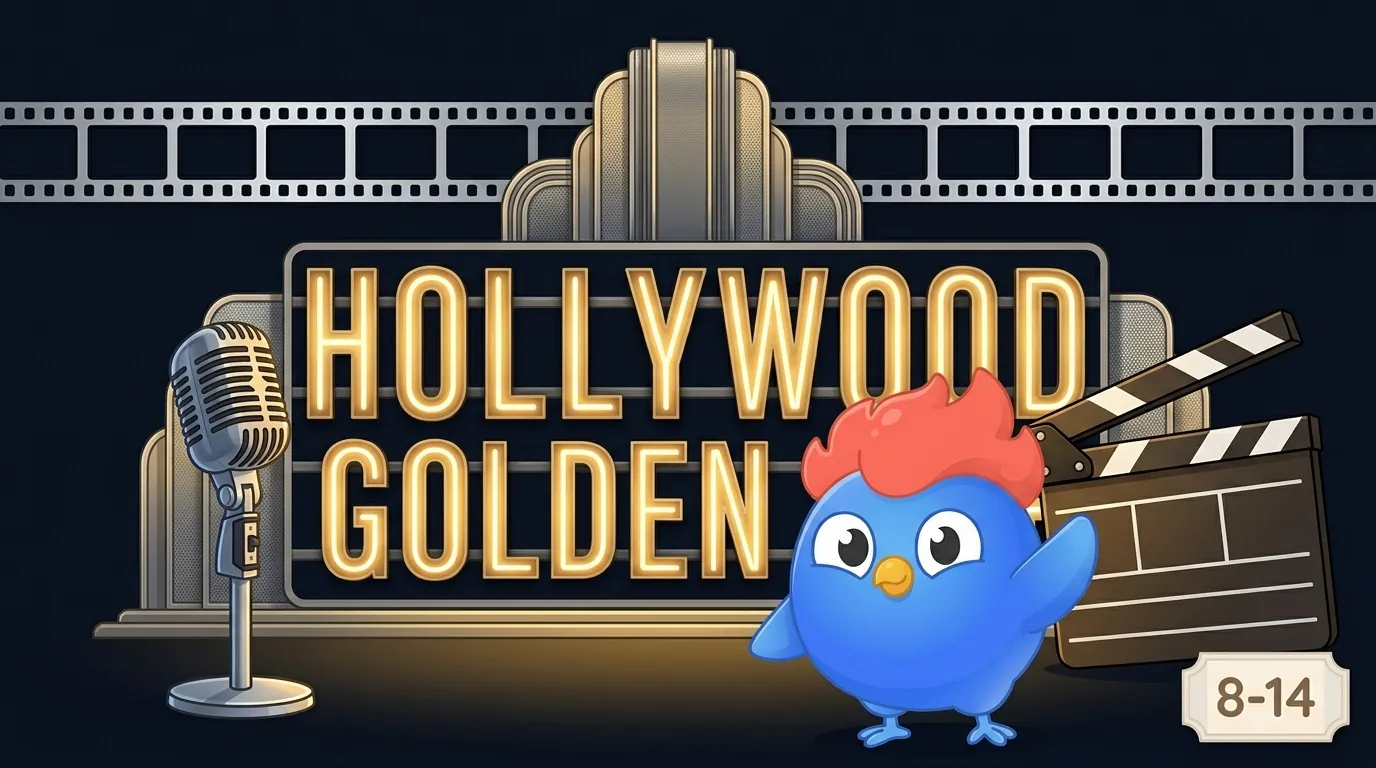 Hollywood Golden Age infographic: three vintage silver-screen marquee lights with a film reel and ribbon microphone in gold, over a dark navy background