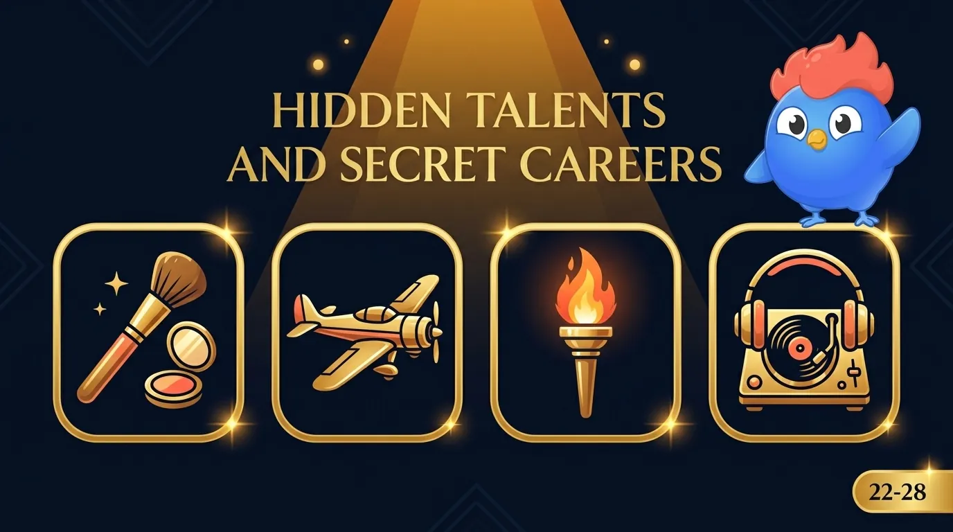 Hidden Talents collage: flat icons of a makeup brush, a small airplane, a fire-eater's torch, and DJ headphones over a dark navy canvas with warm gold accents