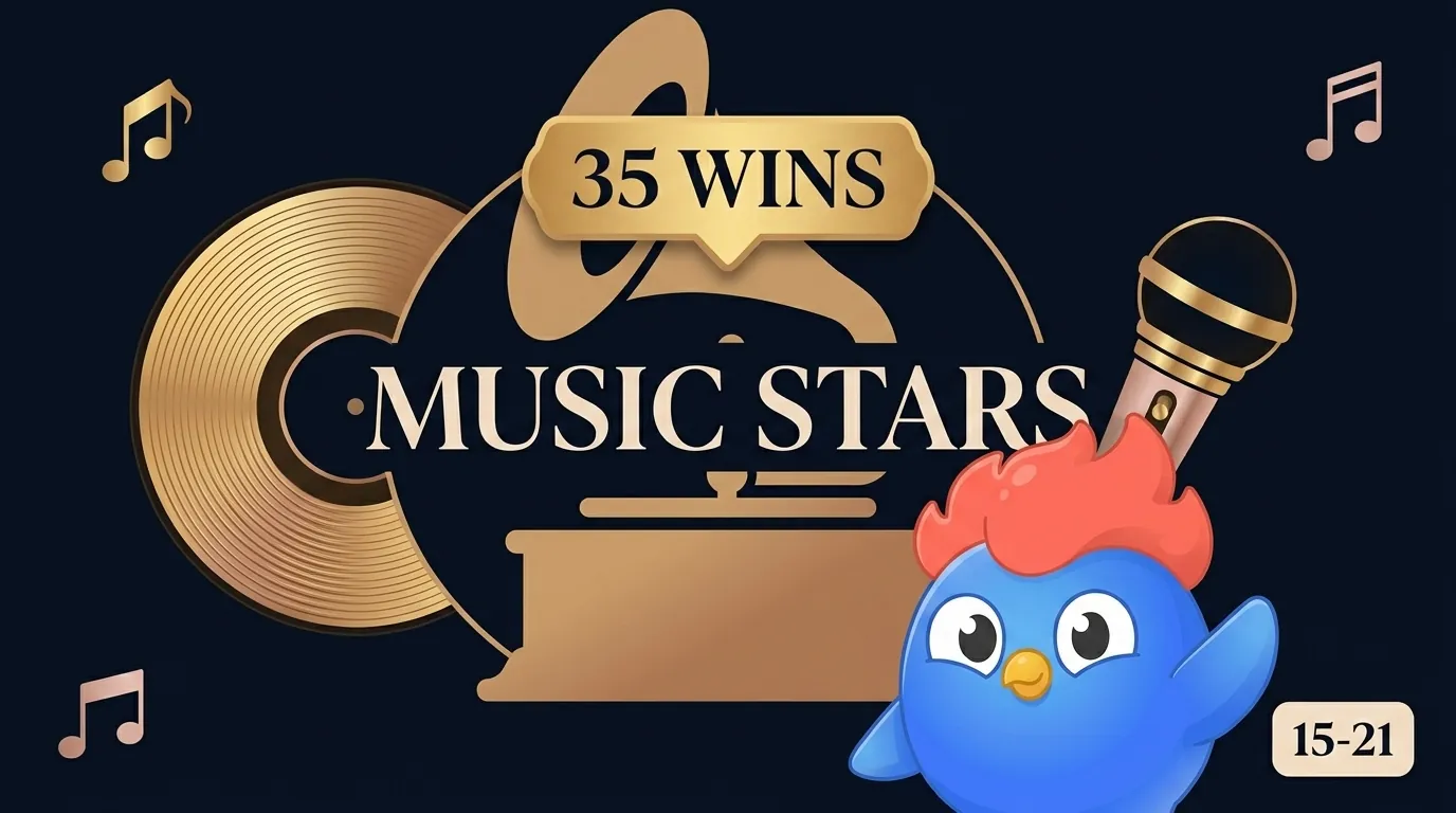 Music Stars infographic: stylized Grammy gramophone silhouette and a vinyl record with microphone, with a "35 wins" gold callout badge