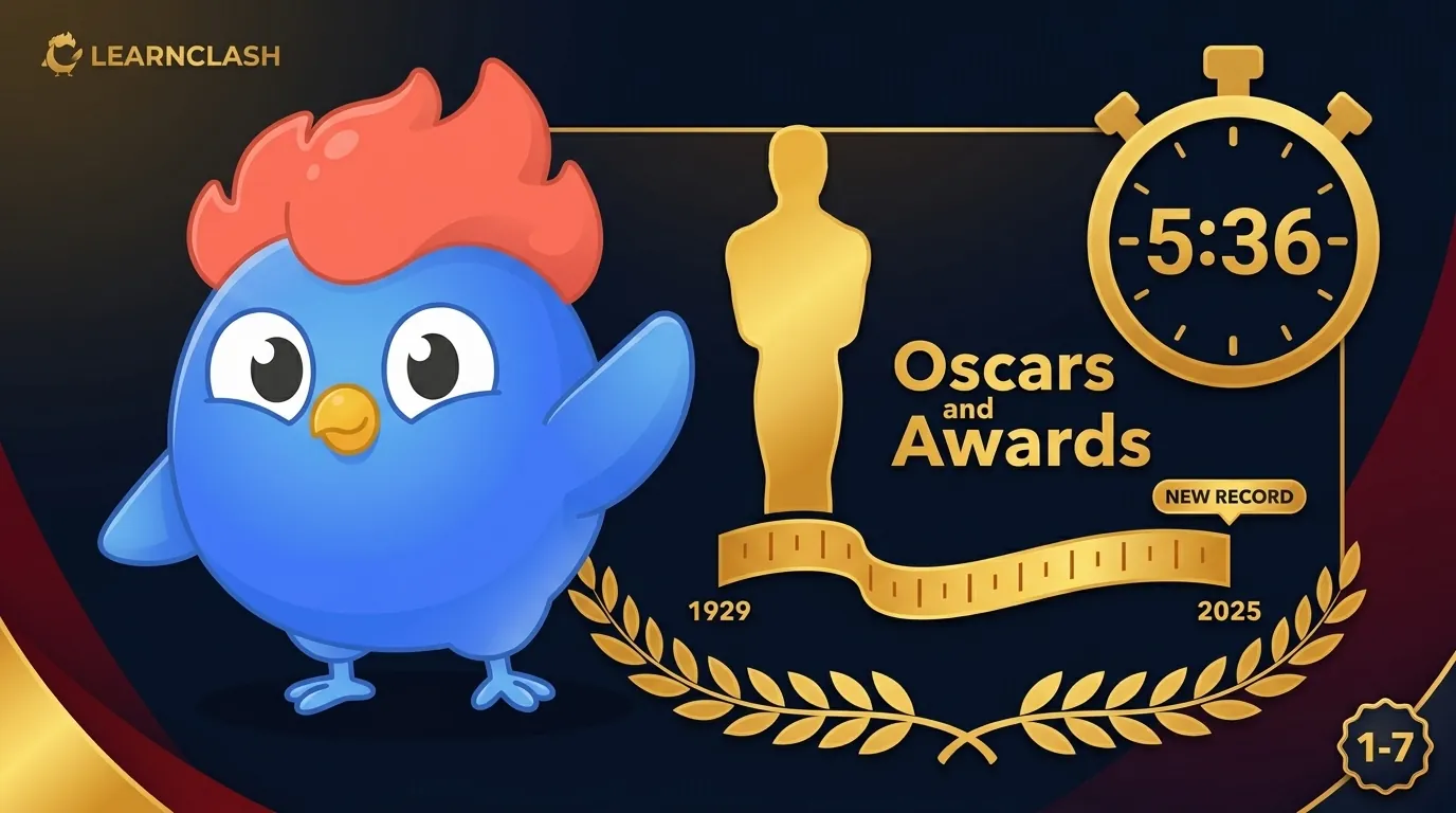 Oscars and Awards infographic: golden statuette silhouette with a 5 minute 36 second stopwatch callout and an Academy Awards timeline from 1929 to 2025