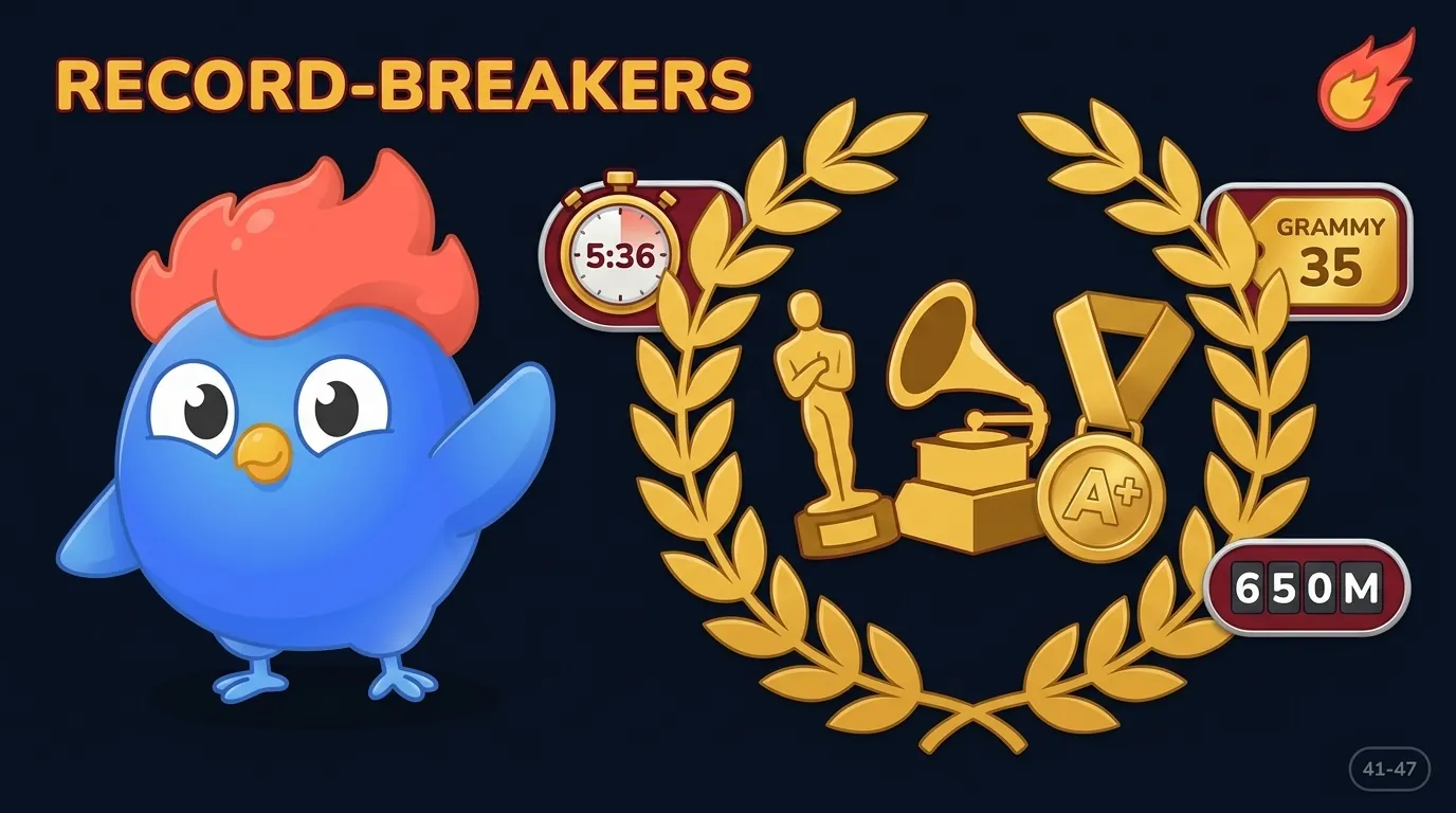 Record-Breakers infographic: trophy cluster with a 5:36 stopwatch, streak flame, and gold medal silhouettes, over dark navy with warm gold and deep crimson accents