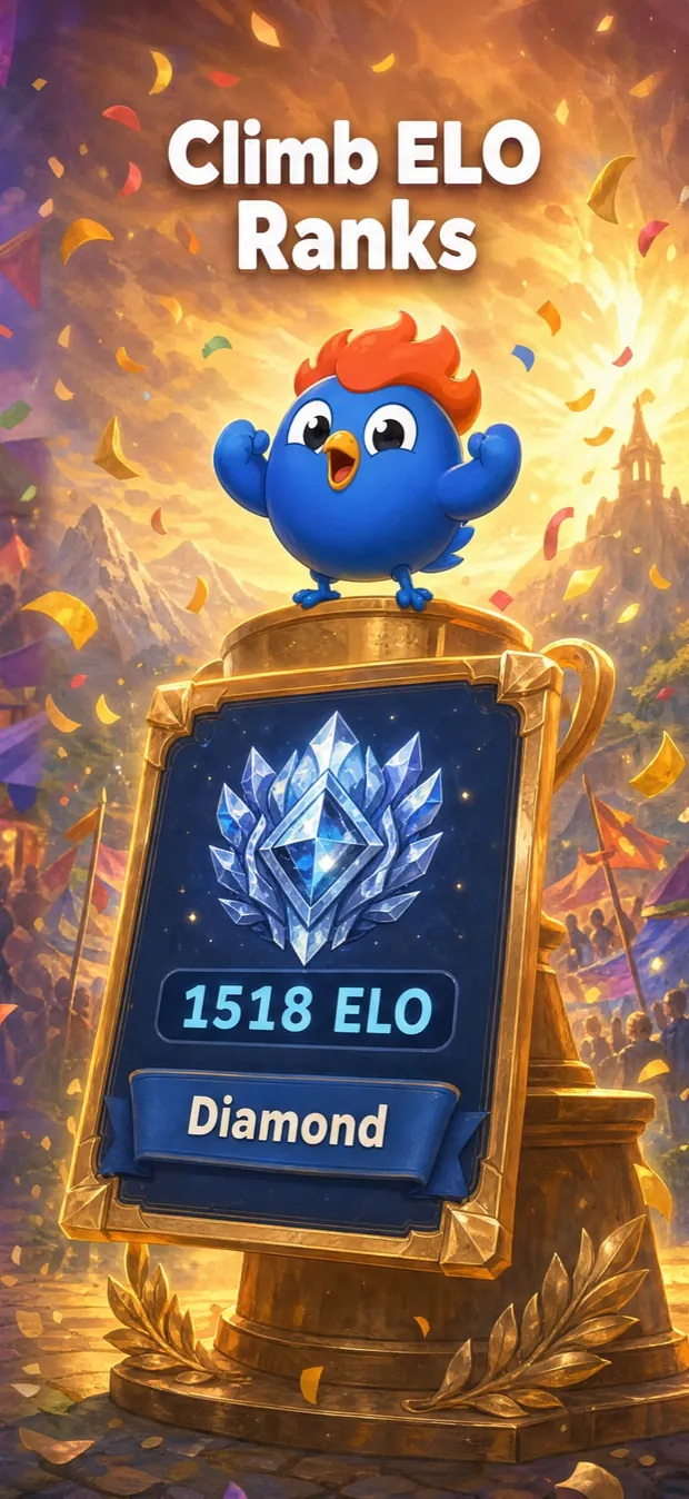 LearnClash 1.6.2 store screenshot: climb ELO ranks, a trophy showing 1518 ELO in the Diamond tier.