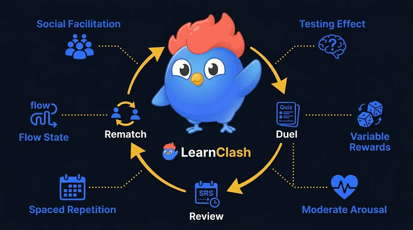 System diagram showing six science principles (social facilitation, testing effect, variable rewards, moderate arousal, spaced repetition, flow state) as nodes connected to the LearnClash duel cycle of match, duel, review, and rematch