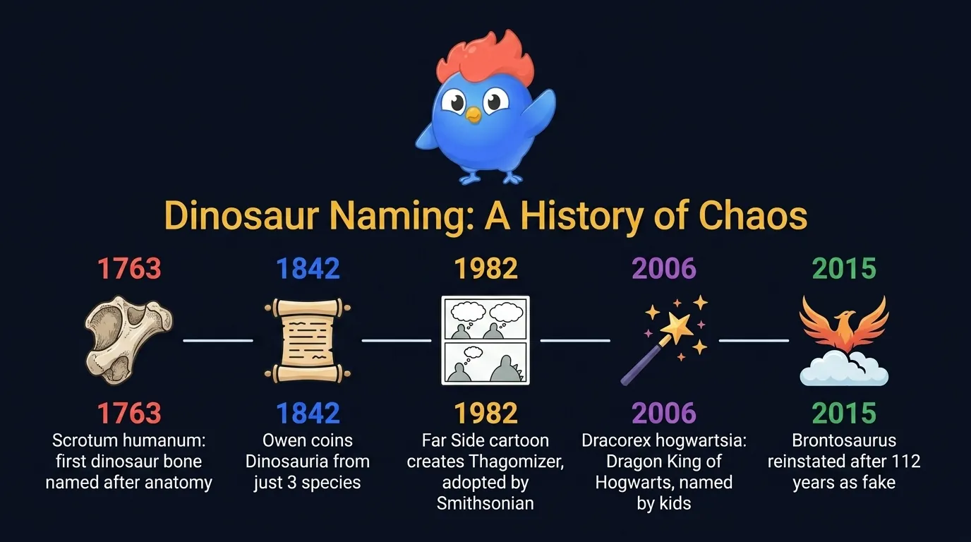 Dinosaur naming timeline: 1763 Scrotum humanum first bone, 1842 Dinosauria coined from 3 species, 1982 Thagomizer from Far Side cartoon, 2006 Dracorex hogwartsia named by children, 2015 Brontosaurus reinstated after 112 years