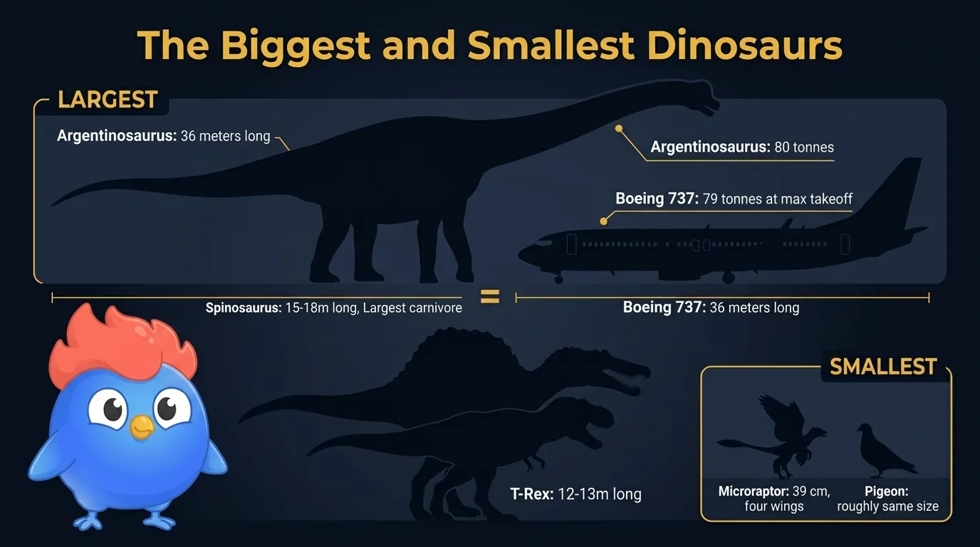Size comparison infographic: Argentinosaurus at 80 tonnes and 36 meters next to a Boeing 737 at 79 tonnes, and Microraptor at 39 cm next to a pigeon, all drawn to relative scale