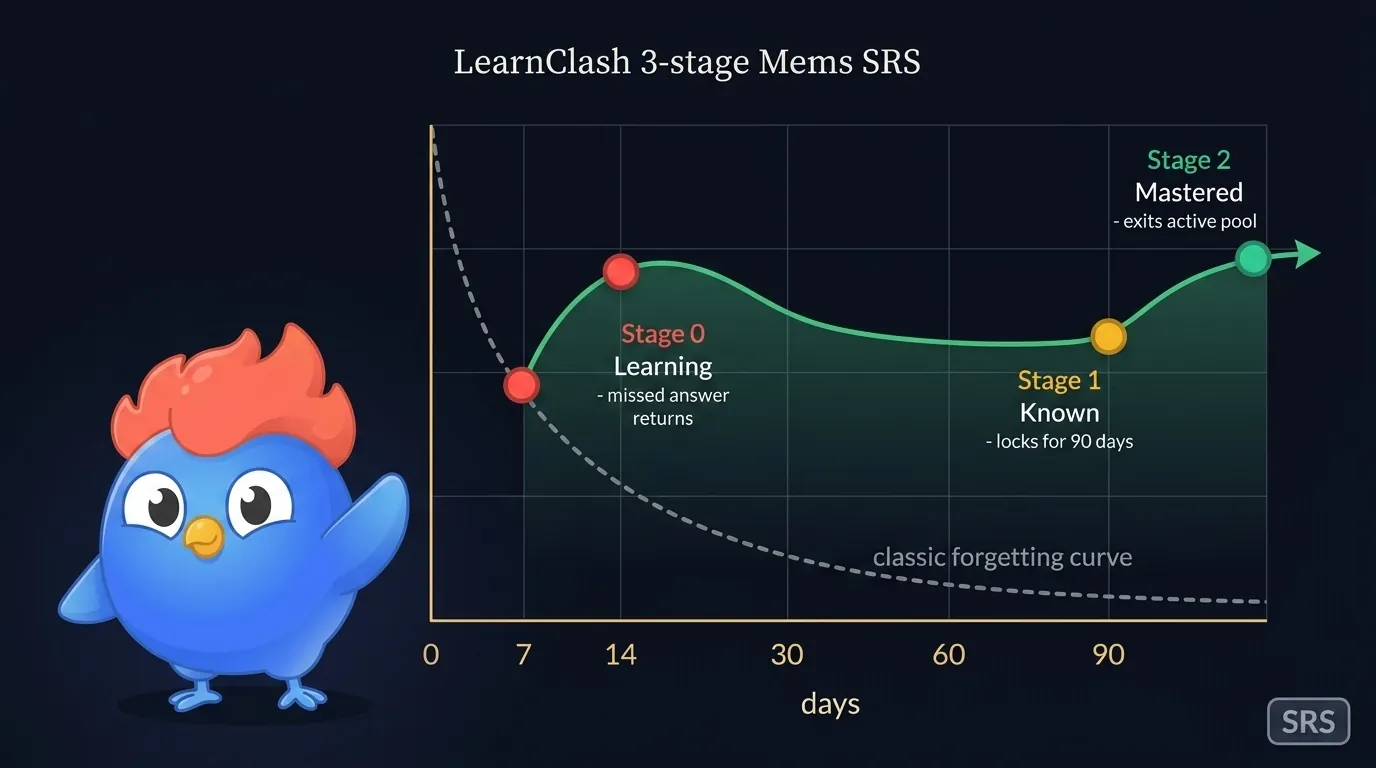 3-stage SRS retention curve infographic showing the 7-day return for missed answers, 90-day return for known answers, and the exit point at "mastered" stage