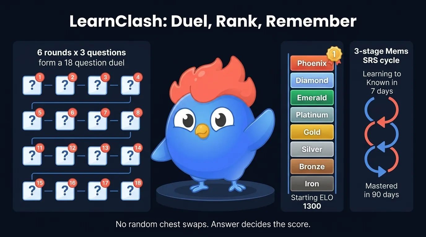 LearnClash game loop showing 18 questions across 6 rounds, ELO tiers from Iron to Phoenix, 48-hour async turns, and 3-stage SRS with 7-day Known and 90-day Mastered intervals