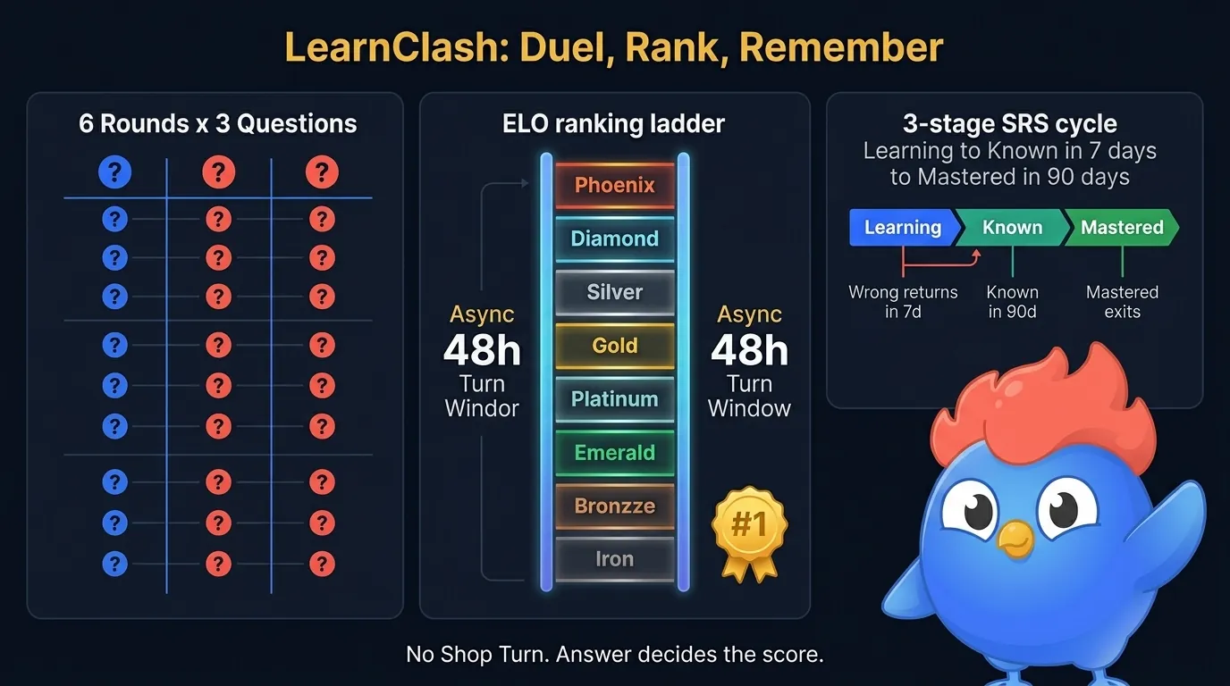 LearnClash game loop showing 18 questions across 6 rounds, ELO tiers from Iron to Phoenix, 72-hour async turns, and 3-stage SRS with 7-day Known and 90-day Mastered intervals