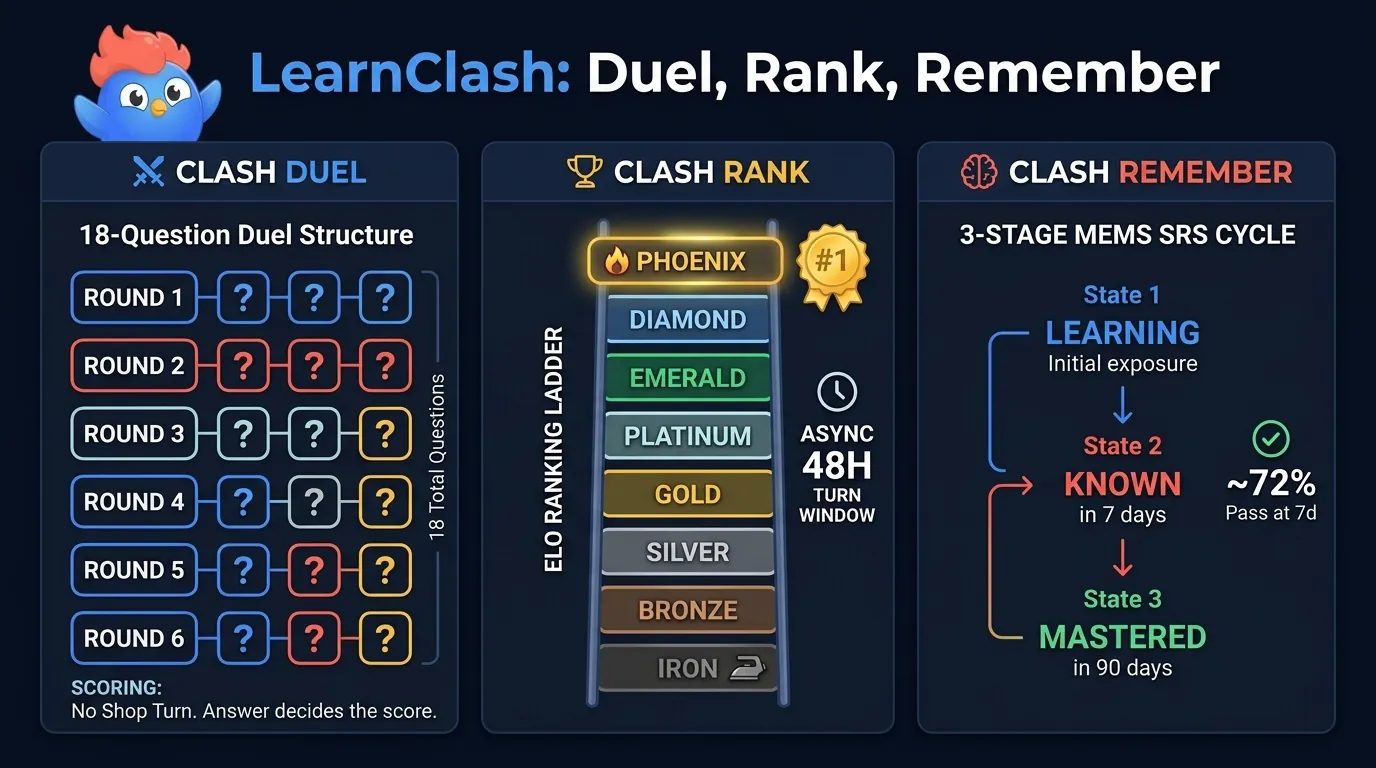 LearnClash game loop showing 18 questions across 6 rounds, ELO tiers from Iron to Phoenix, 48-hour async turns, and 3-stage SRS with 7-day Known and 90-day Mastered intervals