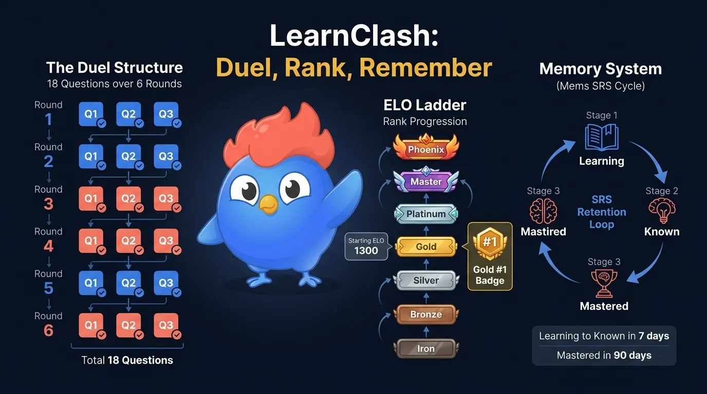 LearnClash game loop showing 18 questions, 6 rounds, ELO tiers from Iron to Phoenix, and 3-stage SRS