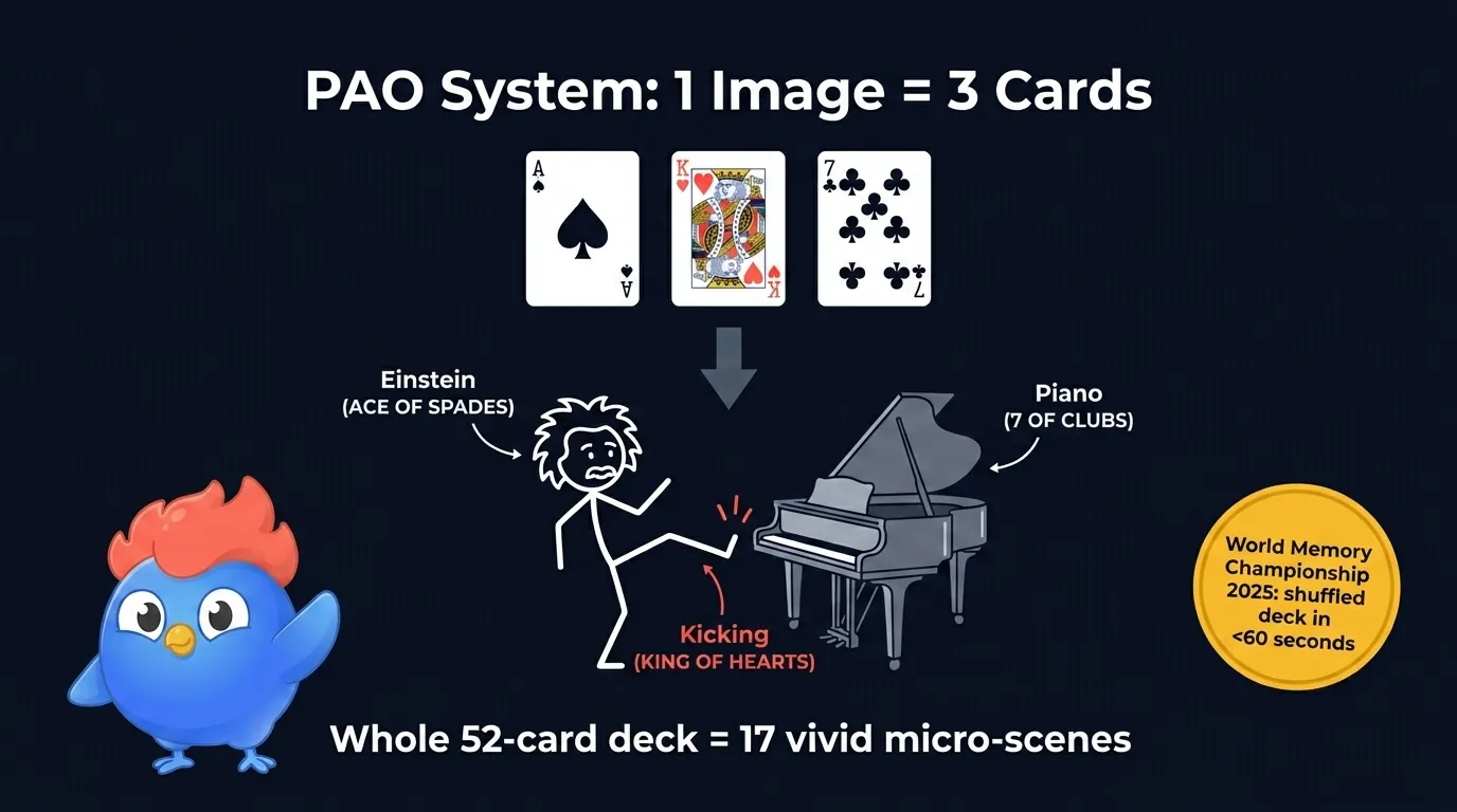 PAO system mapping: each playing card translated to a Person, an Action, and an Object, with three example cards visualized