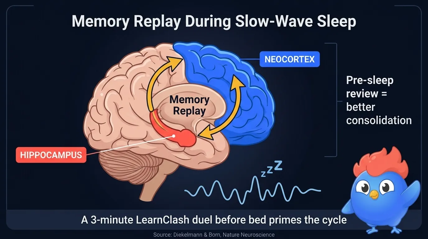 Hippocampus and neocortex with arrows showing memory replay during slow-wave sleep