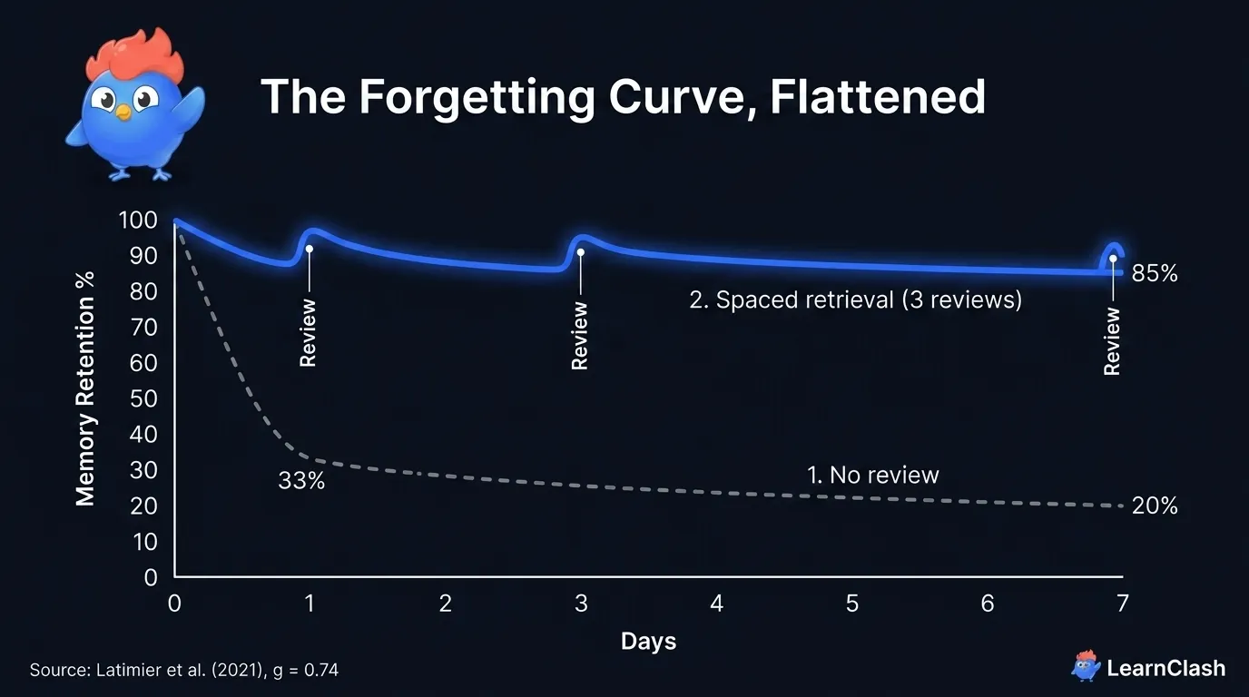 Forgetting curve flattened by three spaced reviews at expanding intervals