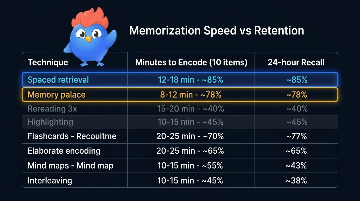 Speed table: 9 memory techniques ranked by minutes-to-encode and 24-hour recall percentage