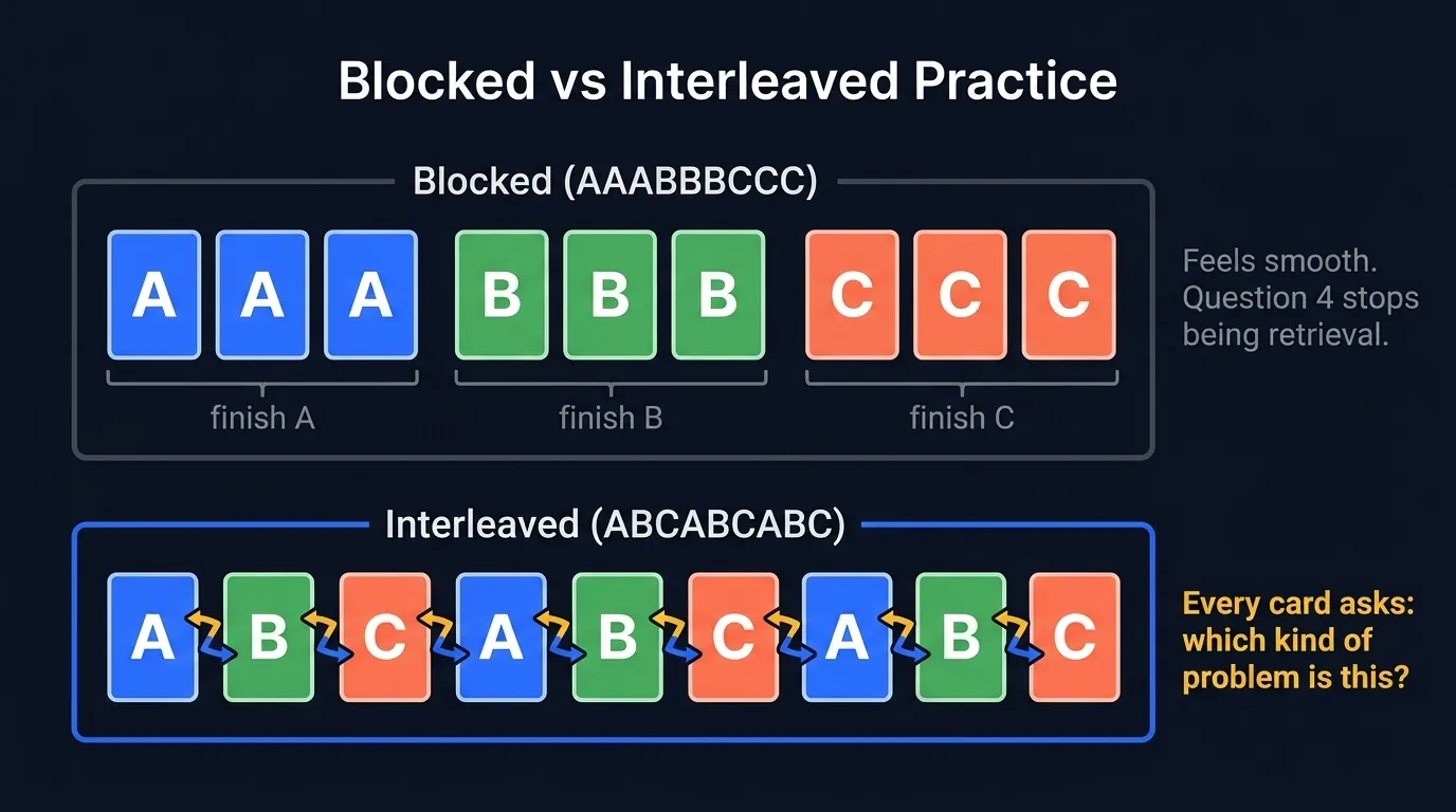 Diagram comparing blocked practice (AAABBBCCC, one topic finished before the next) with interleaved practice (ABCABCABC, topics mixed so consecutive items change type)