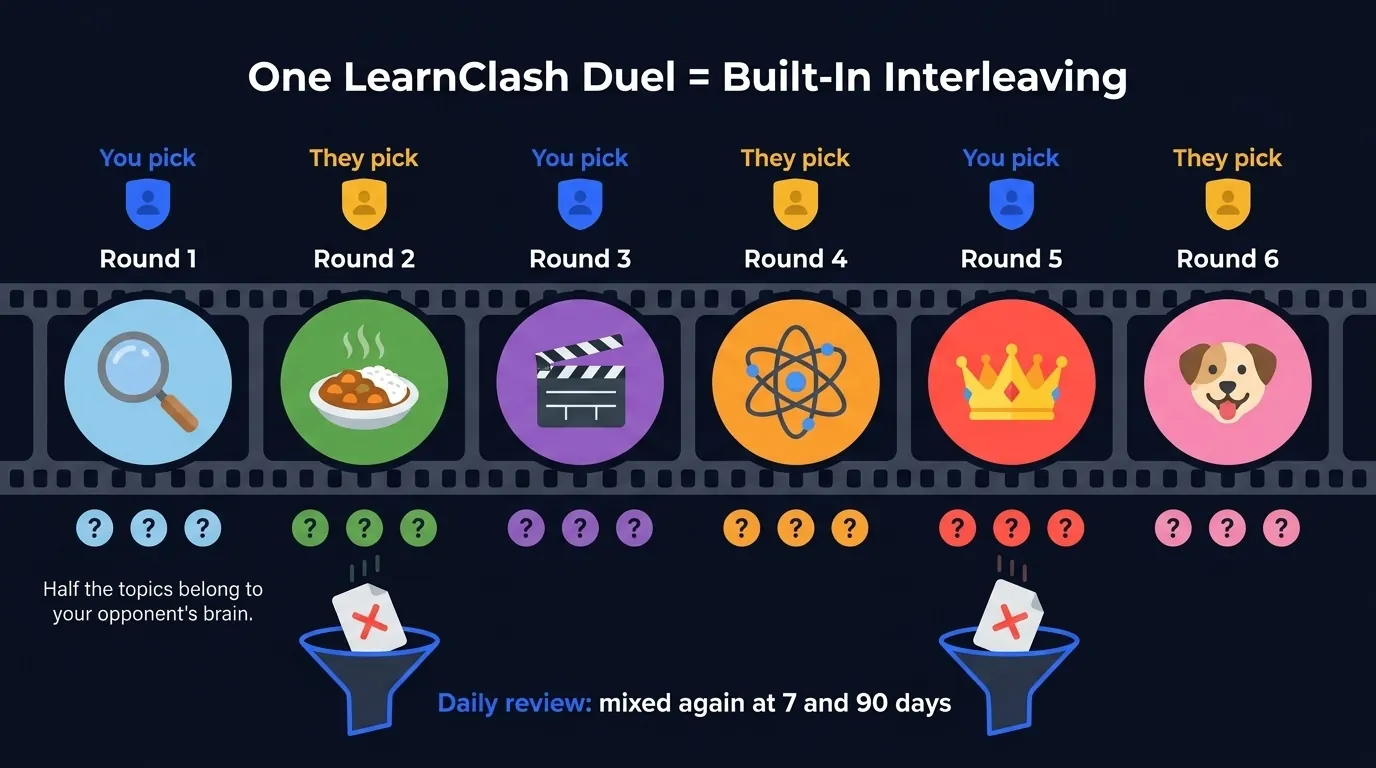 Six-round LearnClash duel strip showing alternating topic picks producing six different topics across 18 questions, with missed questions flowing into a mixed SRS review