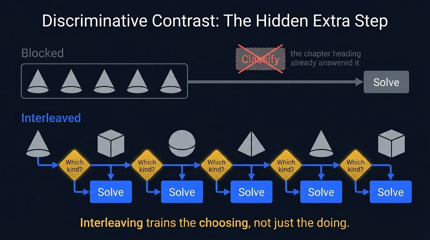 Process diagram of discriminative contrast: interleaved items force a classify-then-solve loop, while blocked items skip classification entirely