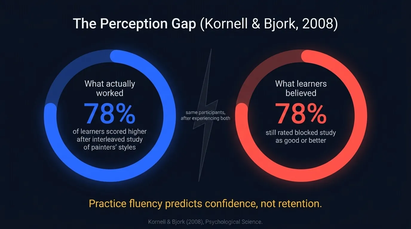 Chart of the Kornell and Bjork 2008 perception gap: 78% of learners performed better with interleaved study of painters' styles, yet 78% rated blocked study as good or better