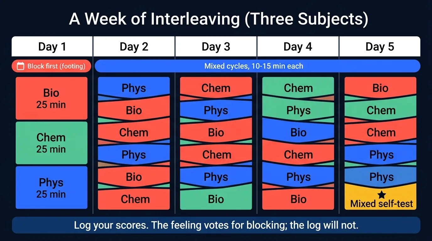 Weekly interleaving schedule grid: day one blocks three subjects briefly, days two through five mix them in short rotating cycles with a mixed self-test