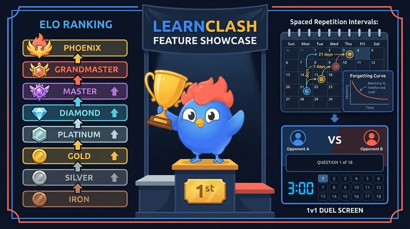 LearnClash 1v1 quiz duel screen showing ELO ranking tiers from Iron to Phoenix, 18-question duel structure with 6 topic rounds, and spaced repetition review queue scheduled across 3, 7, and 21 day intervals