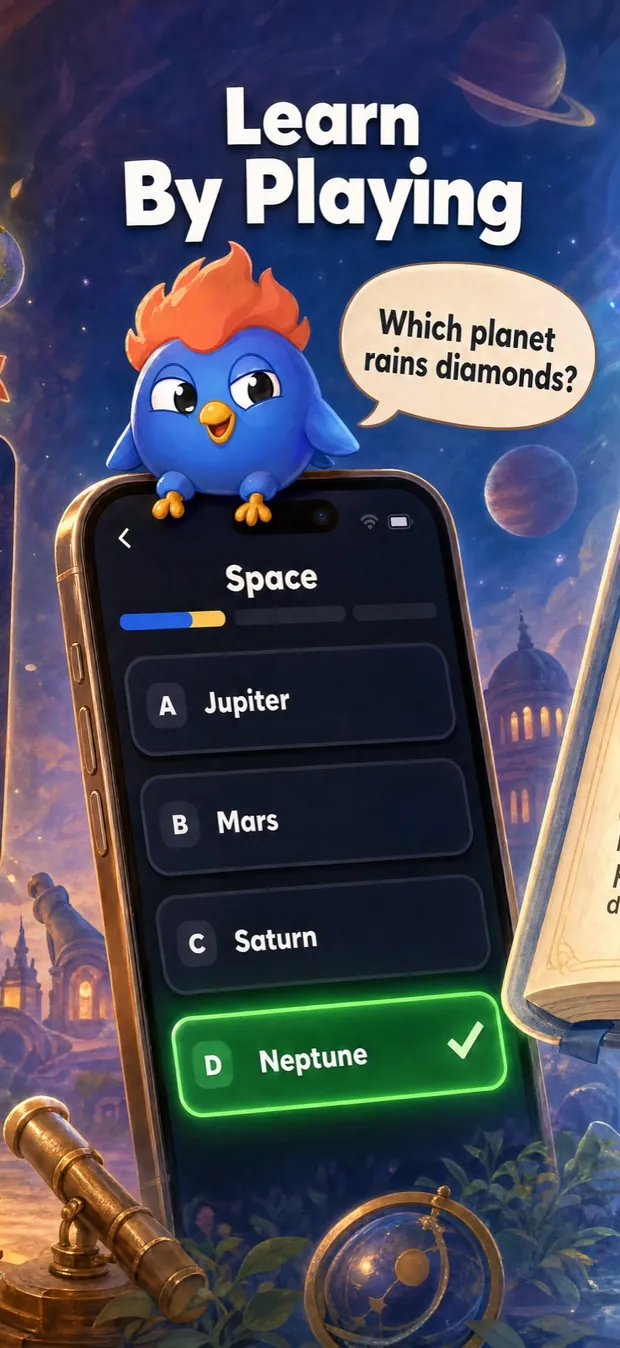 LearnClash 1.6.2 store screenshot: learn by playing, a duel question on the Space topic asking which planet rains diamonds.