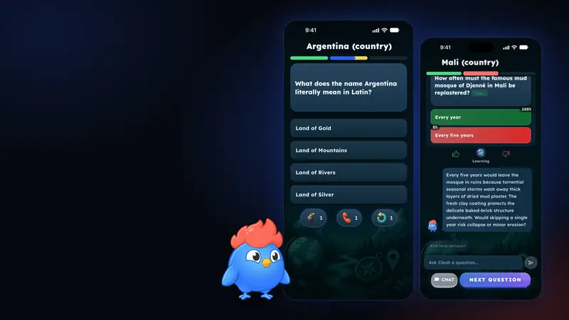 Clean, 16:9: LearnClash key art: two real app screens, a duel question and an answer explained by Clash, next to the mascot Clash on a dark blue background