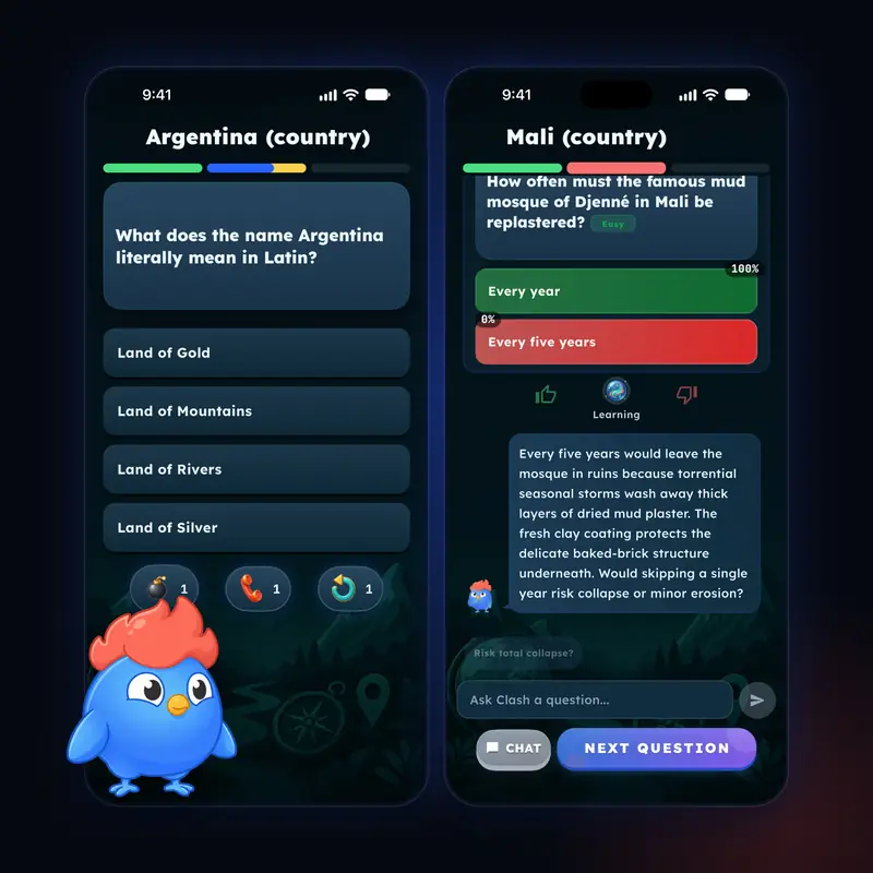 Clean, square: LearnClash key art: two real app screens, a duel question and an answer explained by Clash, next to the mascot Clash on a dark blue background