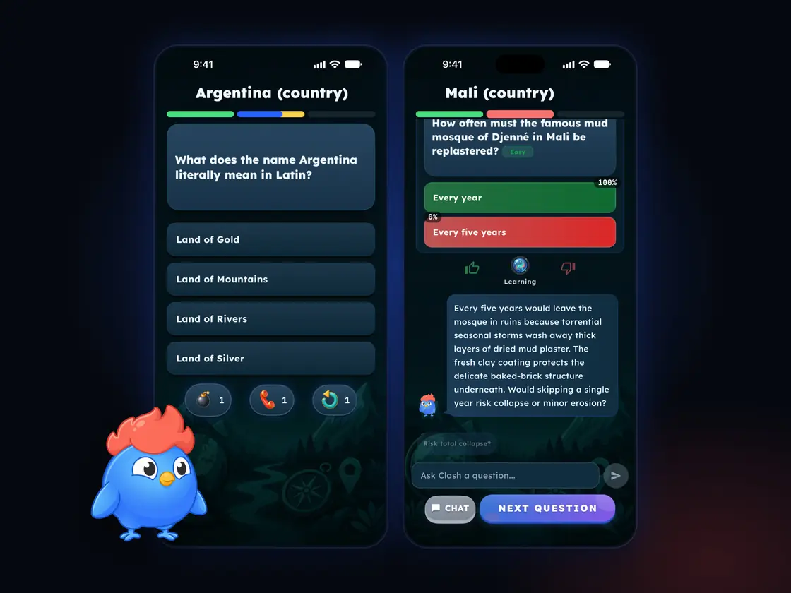 LearnClash key art: two real app screens, a duel question and an answer explained by Clash, next to the mascot Clash on a dark blue background