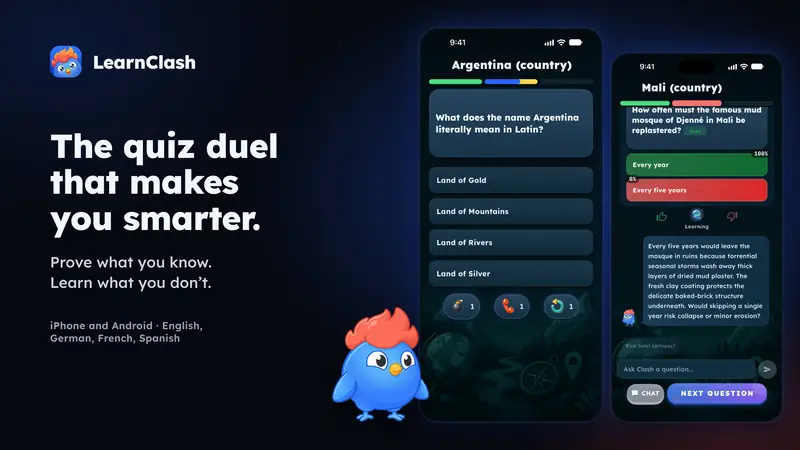 With headline, 16:9: LearnClash key art: two real app screens, a duel question and an answer explained by Clash, next to the mascot Clash on a dark blue background