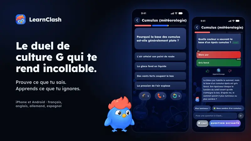 Avec titre, 16/9: Visuel LearnClash : deux vrais écrans de l'app, une question de duel et une réponse expliquée par Clash, à côté de la mascotte Clash sur fond bleu foncé