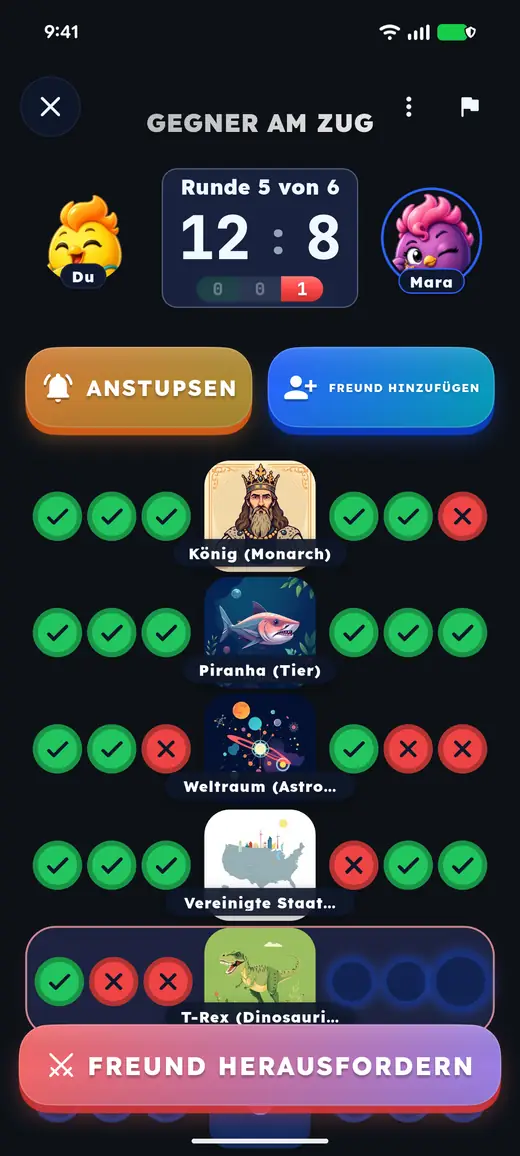German: a duel in round 5, with topic names in the player's language.