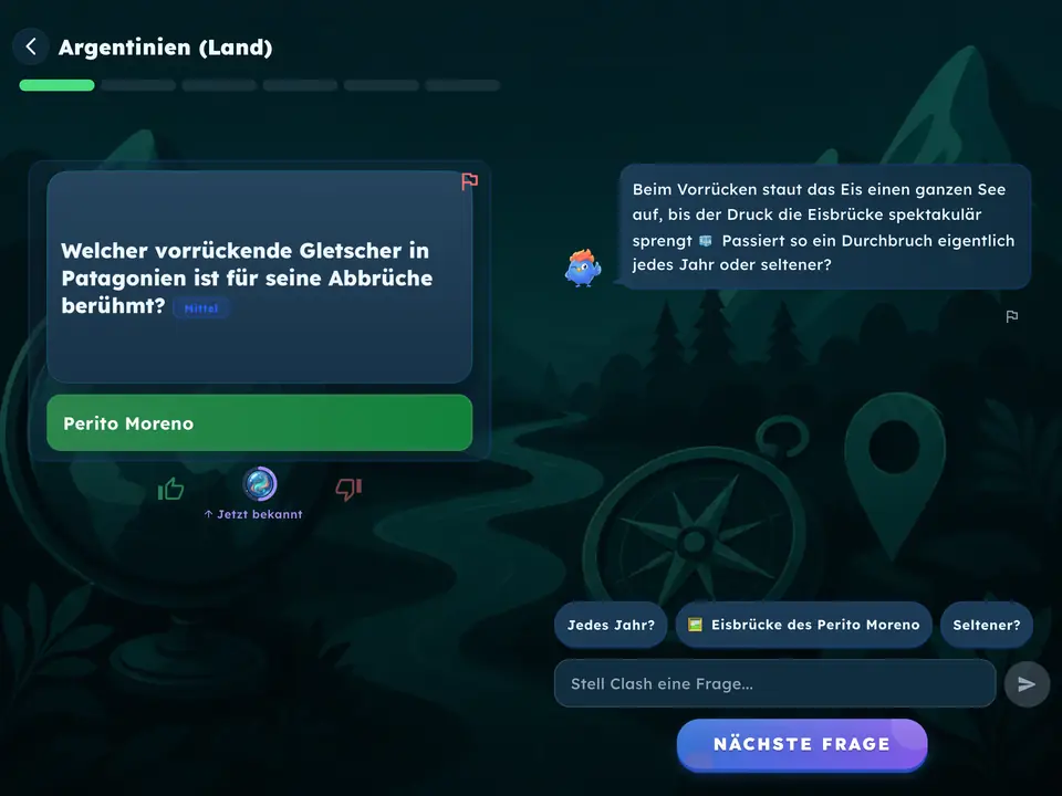Perito Moreno ist richtig, daneben erklärt Clash die Antwort.