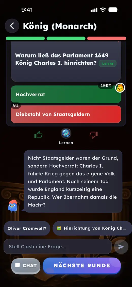 German: why Parliament had Charles I executed in 1649, explained after a wrong answer.