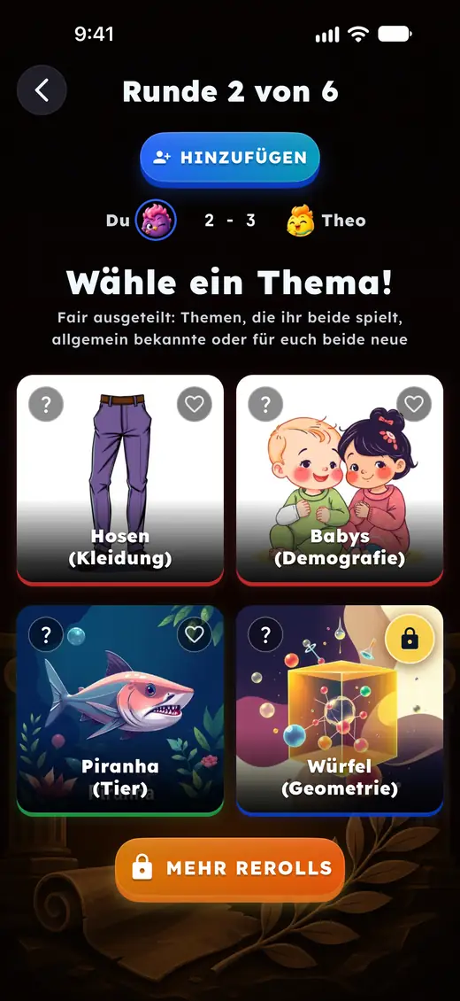 German: picking the next round's topic from a fairly dealt hand.