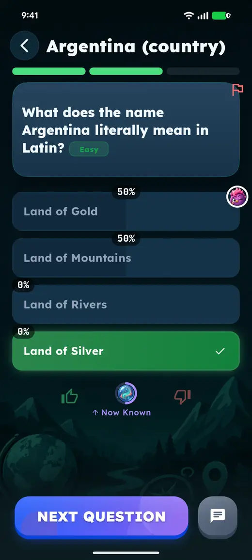The reveal shows both picks: the opponent chose Land of Gold, the answer is Land of Silver.