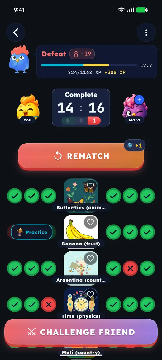 After the duel, a Practice button on the round the player missed.