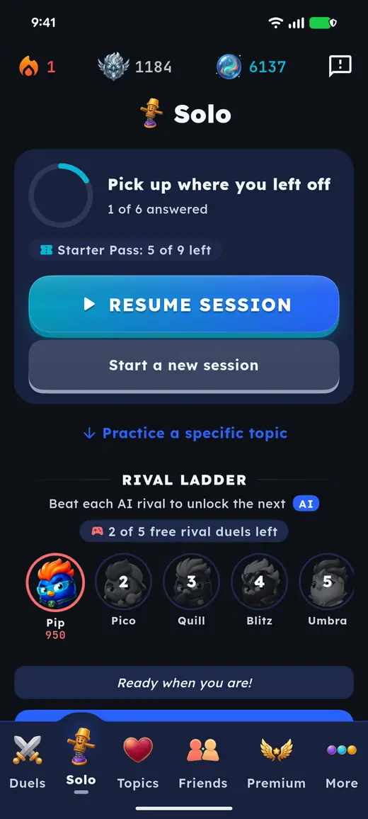Solo: six-question sessions and a ladder of AI rivals, labelled as AI.