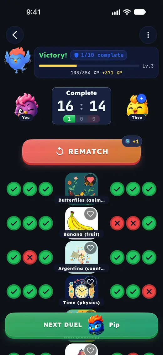 The finished duel: six topics, every answer from both players.