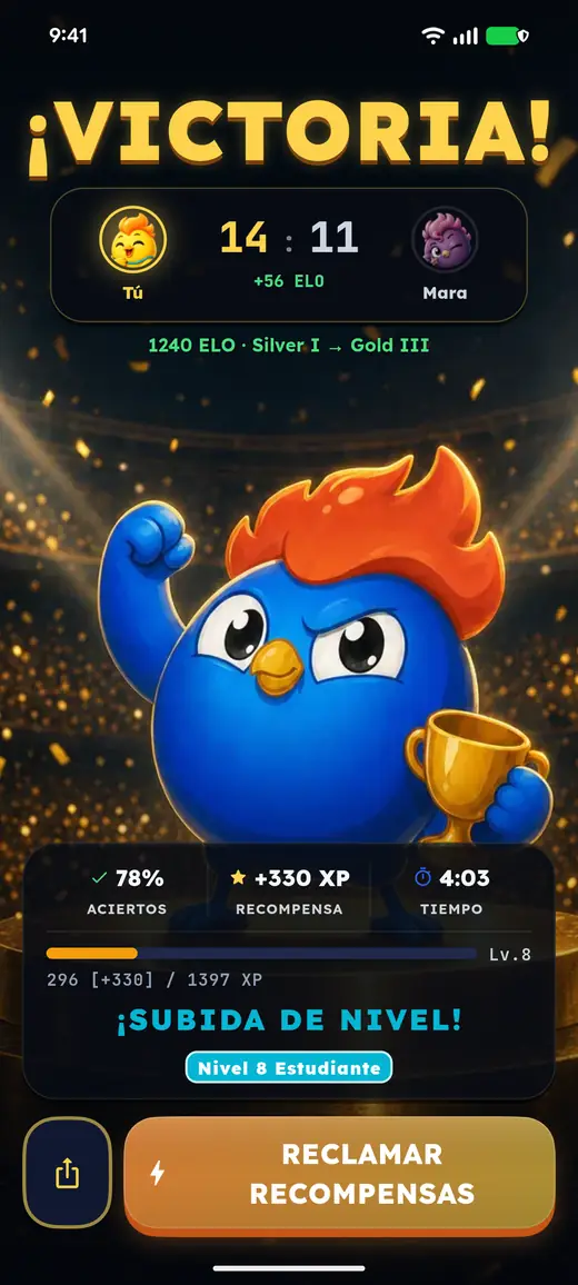 Spanish: a 14 to 11 win, plus 56 points and a new rank, Gold III.