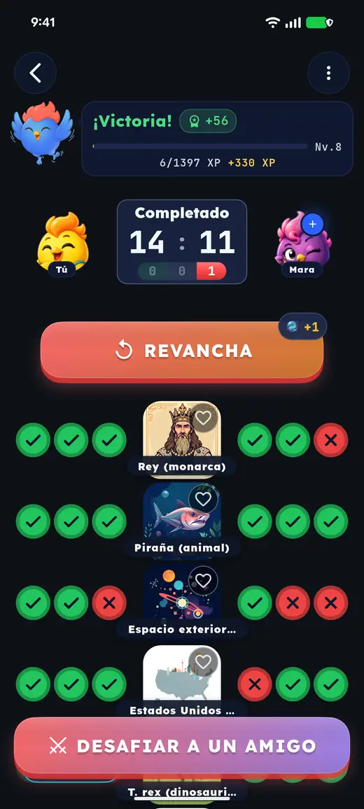 Spanish: the finished duel, with a rematch one tap away.