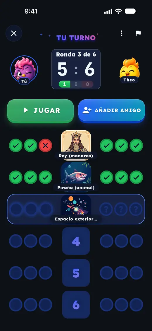 Spanish: your turn in round 3, the opponent's answers hidden until you play.