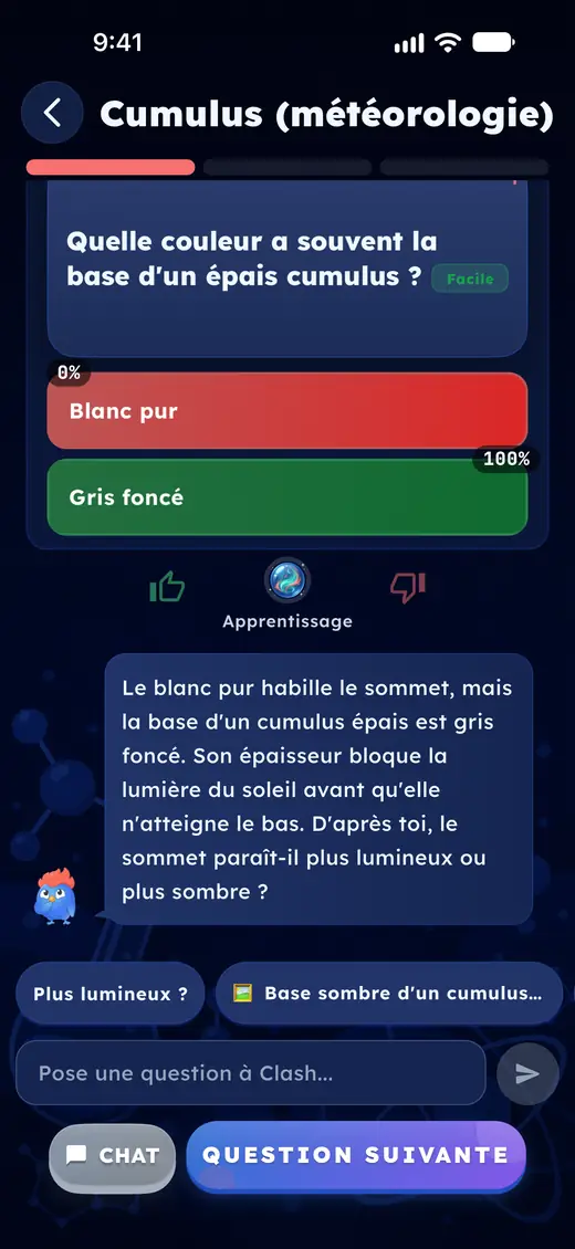 French: why a thick cumulus has a dark grey base, explained after a wrong answer.