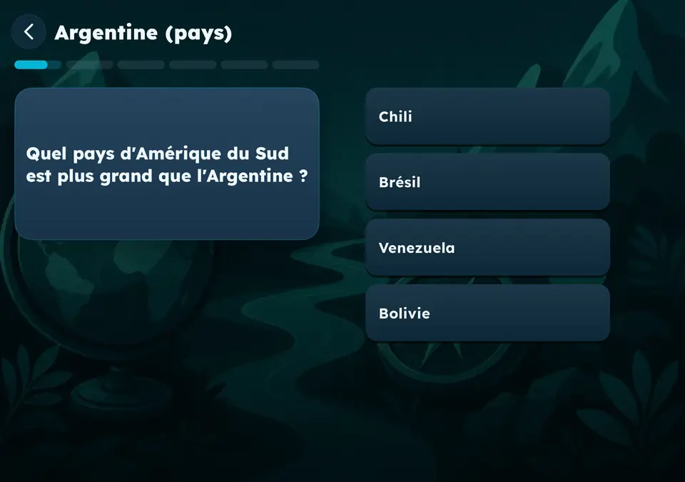 La question sur une page, les quatre réponses sur l’autre : quel pays d’Amérique du Sud est plus grand que l’Argentine ?
