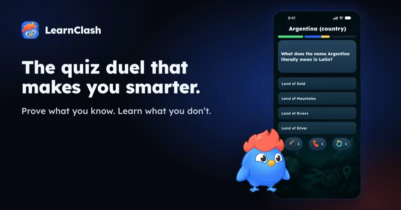 Social image, 1200 × 630: LearnClash key art: two real app screens, a duel question and an answer explained by Clash, next to the mascot Clash on a dark blue background