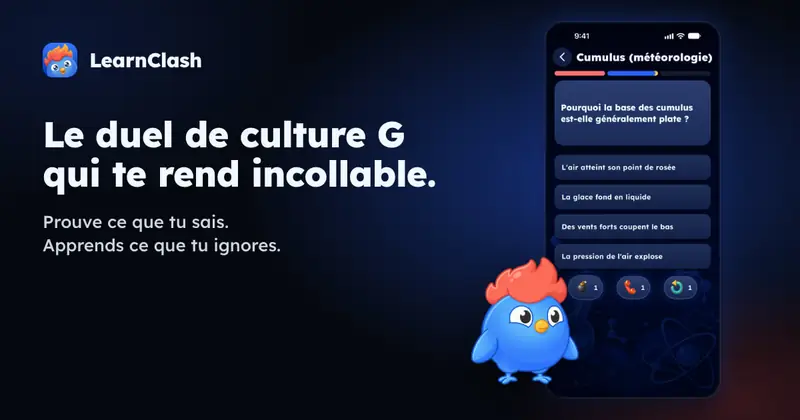 Image pour les réseaux sociaux, 1200 × 630: Visuel LearnClash : deux vrais écrans de l'app, une question de duel et une réponse expliquée par Clash, à côté de la mascotte Clash sur fond bleu foncé